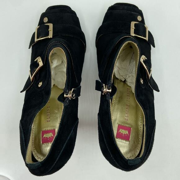 Elaine Turner Elan Buckle Ankle Booties Size 9 Black Suede Leather Platform Heel - Picture 13 of 14